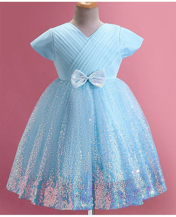 Babyhug Woven Half Sleeves Sequined Fit & Flared  Party Frock with Bow Detailing - Blue