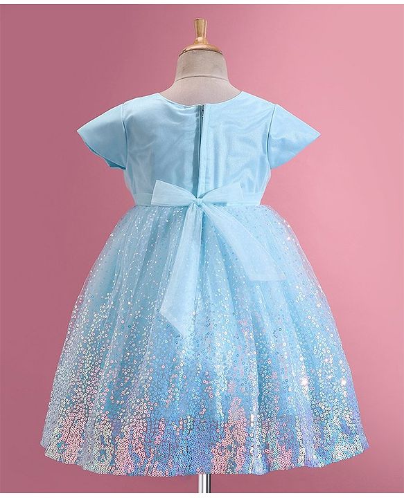 Babyhug Woven Half Sleeves Sequined Fit & Flared  Party Frock with Bow Detailing - Blue
