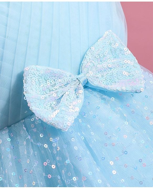 Babyhug Woven Half Sleeves Sequined Fit & Flared  Party Frock with Bow Detailing - Blue