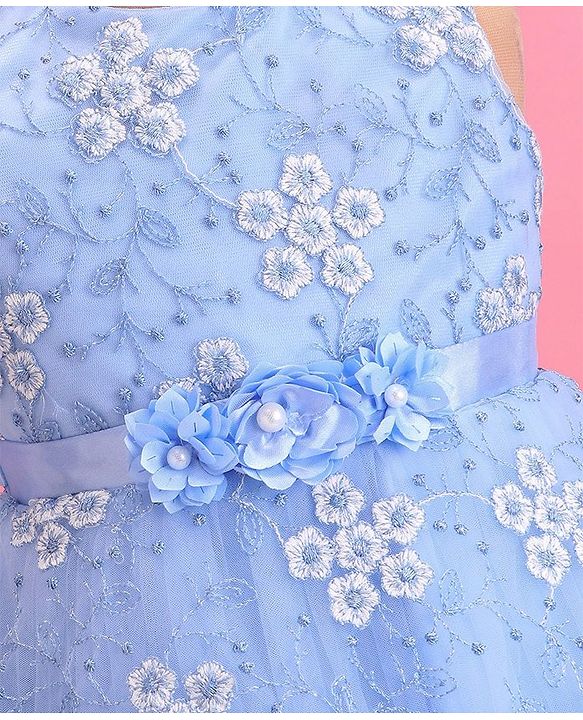 Babyhug Woven Sleeveless Fit & Flare Party Frock with Floral Embroidery & Applique  - Aqua Blue
