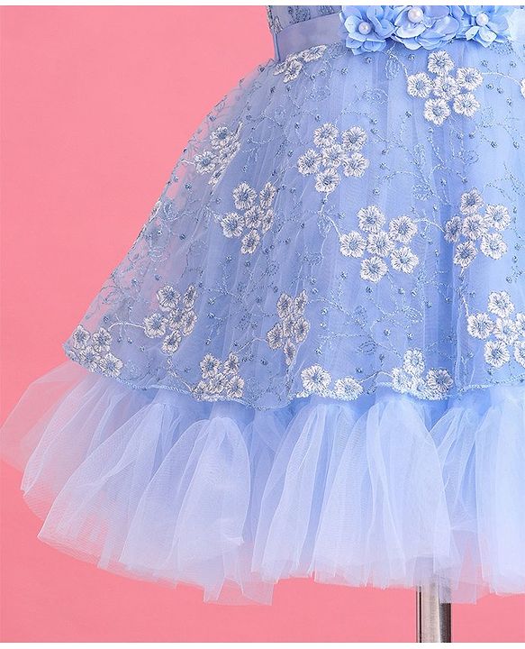 Babyhug Woven Sleeveless Fit & Flare Party Frock with Floral Embroidery & Applique  - Aqua Blue