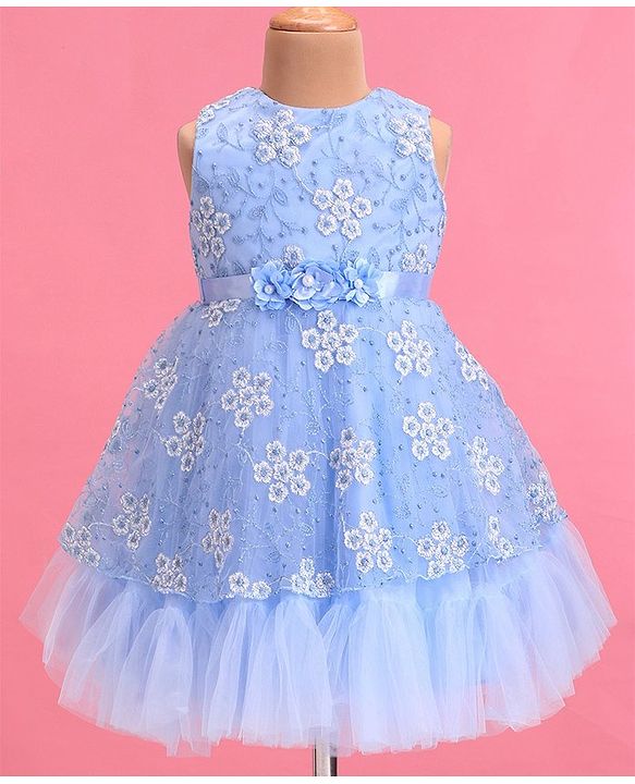 Babyhug Woven Sleeveless Fit & Flare Party Frock with Floral Embroidery & Applique  - Aqua Blue