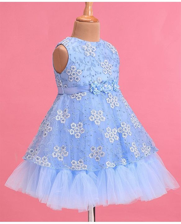 Babyhug Woven Sleeveless Fit & Flare Party Frock with Floral Embroidery & Applique  - Aqua Blue