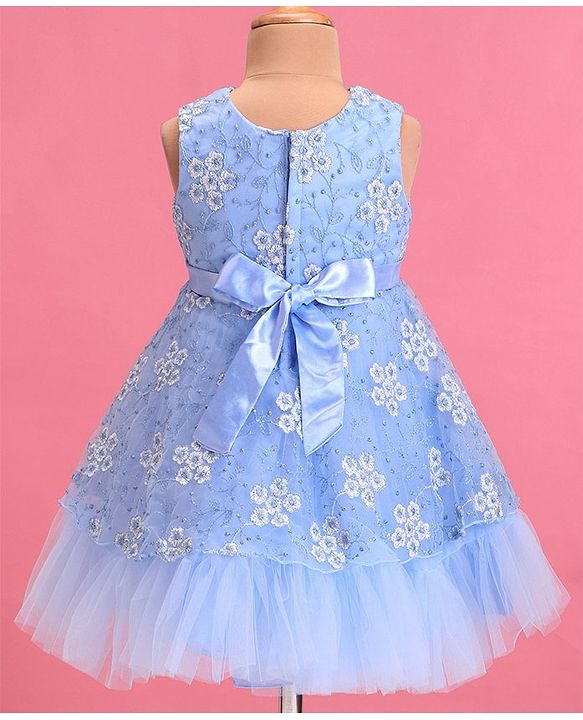 Babyhug Woven Sleeveless Fit & Flare Party Frock with Floral Embroidery & Applique  - Aqua Blue