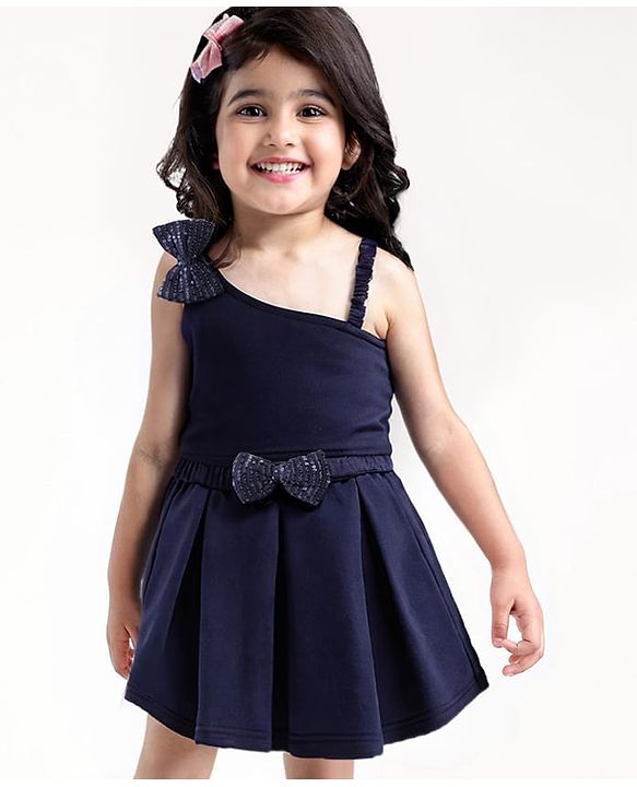Babyhug Woven Sleeveless Party Assymetrical Top & Pleated Skirt with Bow Applique - Navy Blue