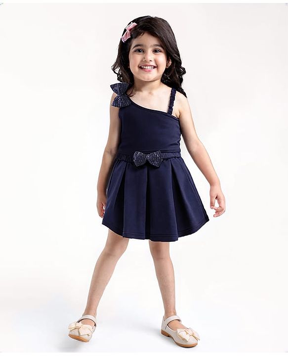 Babyhug Woven Sleeveless Party Assymetrical Top & Pleated Skirt with Bow Applique - Navy Blue