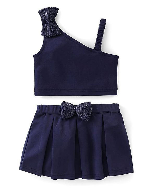 Babyhug Woven Sleeveless Party Assymetrical Top & Pleated Skirt with Bow Applique - Navy Blue