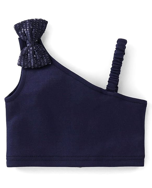 Babyhug Woven Sleeveless Party Assymetrical Top & Pleated Skirt with Bow Applique - Navy Blue