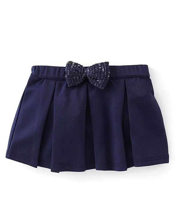 Babyhug Woven Sleeveless Party Assymetrical Top & Pleated Skirt with Bow Applique - Navy Blue