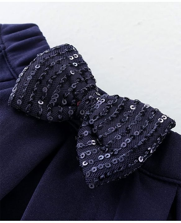 Babyhug Woven Sleeveless Party Assymetrical Top & Pleated Skirt with Bow Applique - Navy Blue