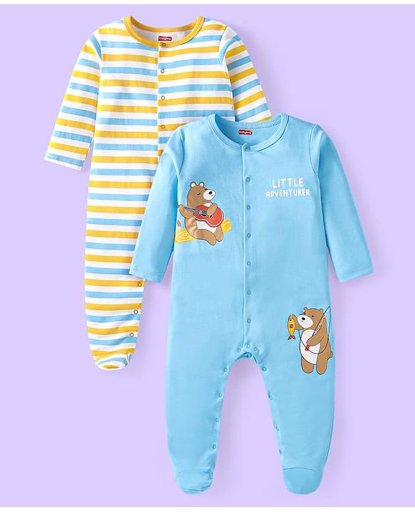 Babyhug Cotton Knit Full Sleeves Sleep Suits Striped & Bear Print Pack of 2 - Yellow & Blue