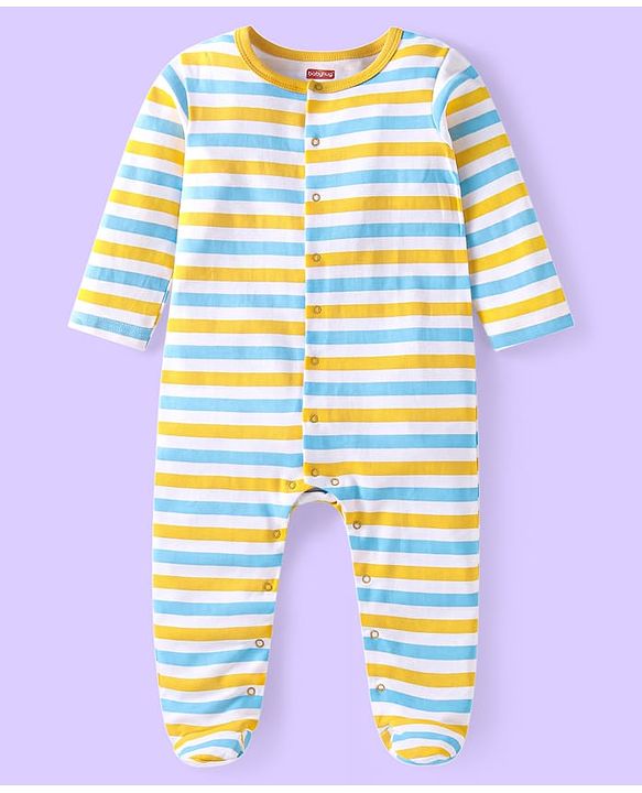 Babyhug Cotton Knit Full Sleeves Sleep Suits Striped & Bear Print Pack of 2 - Yellow & Blue