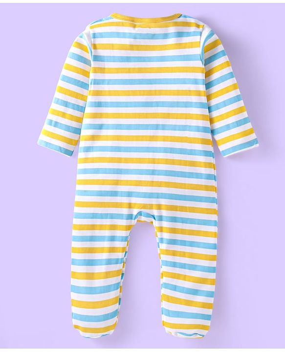 Babyhug Cotton Knit Full Sleeves Sleep Suits Striped & Bear Print Pack of 2 - Yellow & Blue