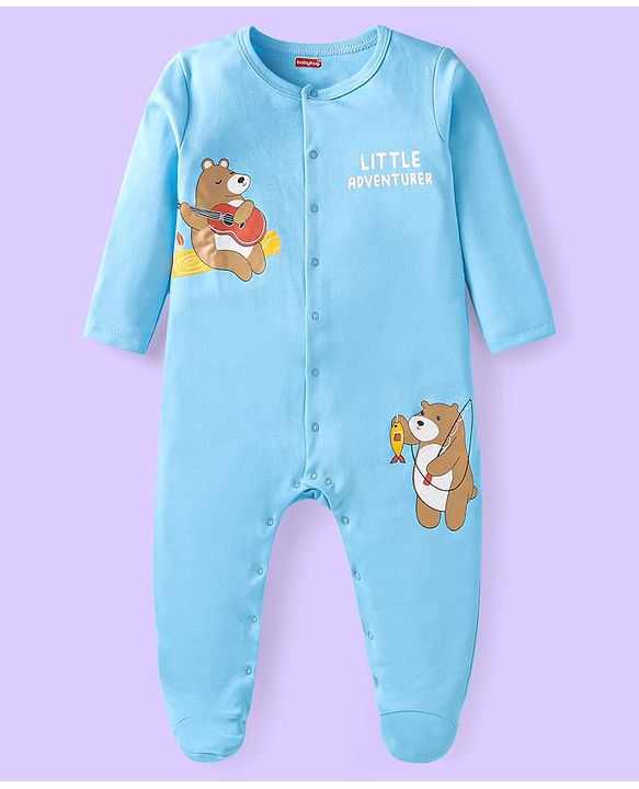 Babyhug Cotton Knit Full Sleeves Sleep Suits Striped & Bear Print Pack of 2 - Yellow & Blue