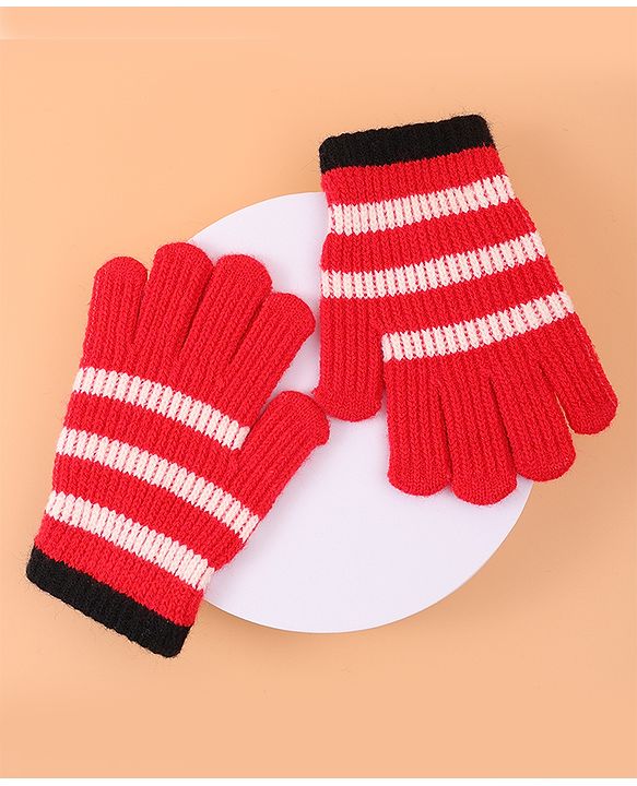 Pine Kids Pair of  Winter Gloves With Strips Design - Red