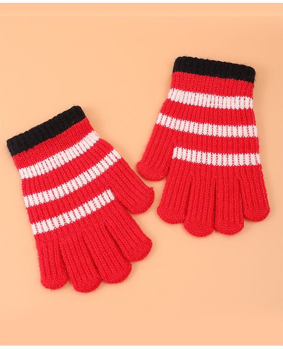 Pine Kids Pair of  Winter Gloves With Strips Design - Red