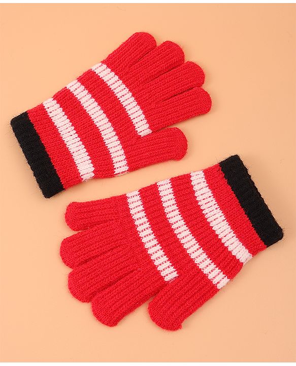 Pine Kids Pair of  Winter Gloves With Strips Design - Red