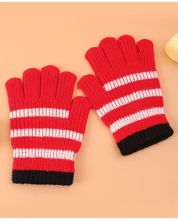 Pine Kids Pair of  Winter Gloves With Strips Design - Red