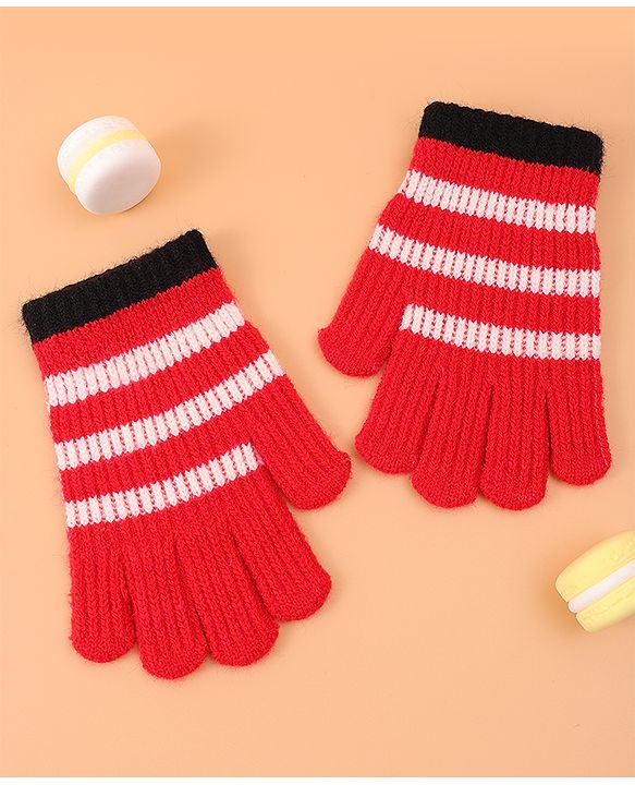 Pine Kids Pair of  Winter Gloves With Strips Design - Red