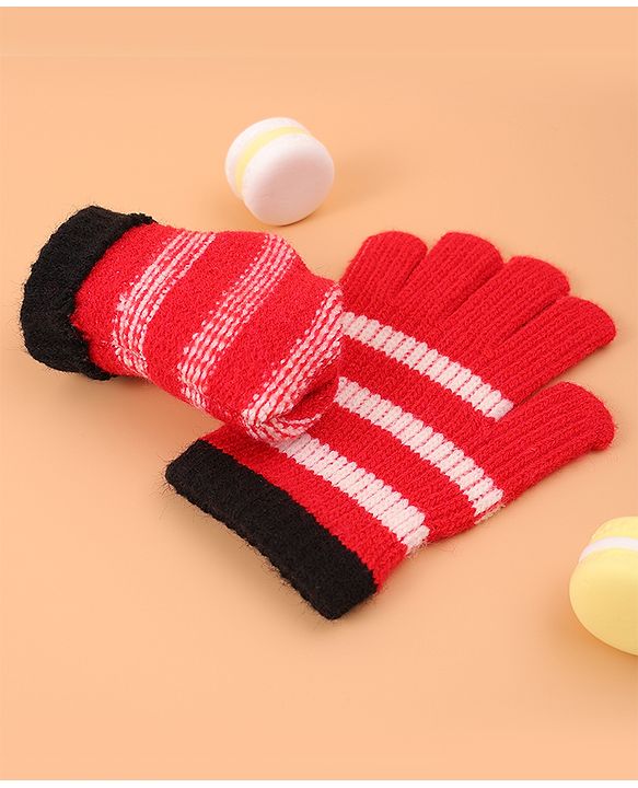 Pine Kids Pair of  Winter Gloves With Strips Design - Red