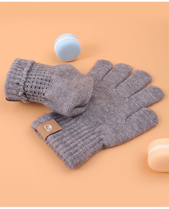 Pine Kids Pair Of Winter Gloves With Bear Patch - Grey