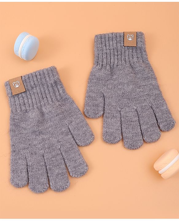 Pine Kids Pair Of Winter Gloves With Bear Patch - Grey