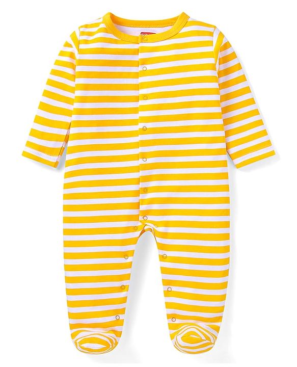 Babyhug Cotton Knit Full Sleeves Striped & Dino Printed Sleep Suits Pack of 2 - Yellow & Green