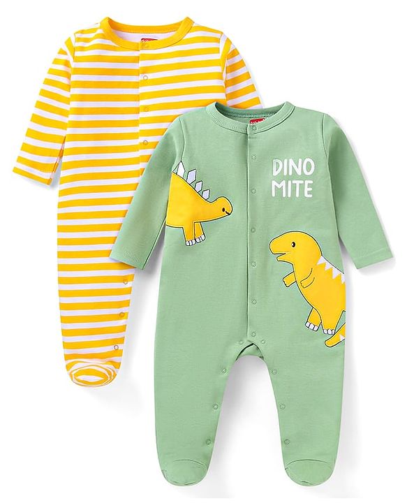 Babyhug Cotton Knit Full Sleeves Striped & Dino Printed Sleep Suits Pack of 2 - Yellow & Green