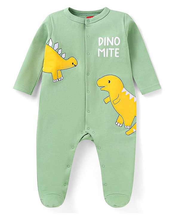 Babyhug Cotton Knit Full Sleeves Striped & Dino Printed Sleep Suits Pack of 2 - Yellow & Green