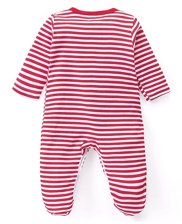 Babyhug Cotton Knit Full Sleeves Sleep Suits With Stripes & Santa Claus Print Pack Of 3 - Red Navy & Light Grey
