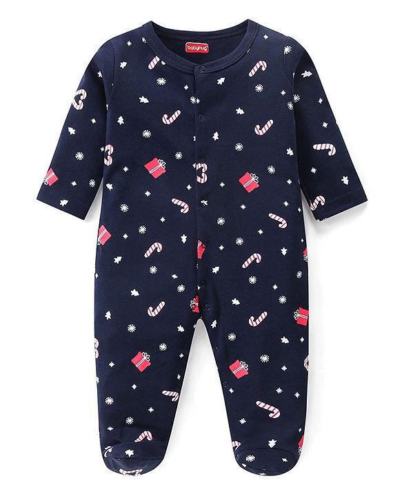 Babyhug Cotton Knit Full Sleeves Sleep Suits With Stripes & Santa Claus Print Pack Of 3 - Red Navy & Light Grey