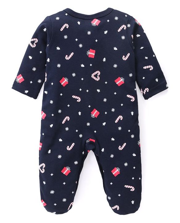 Babyhug Cotton Knit Full Sleeves Sleep Suits With Stripes & Santa Claus Print Pack Of 3 - Red Navy & Light Grey