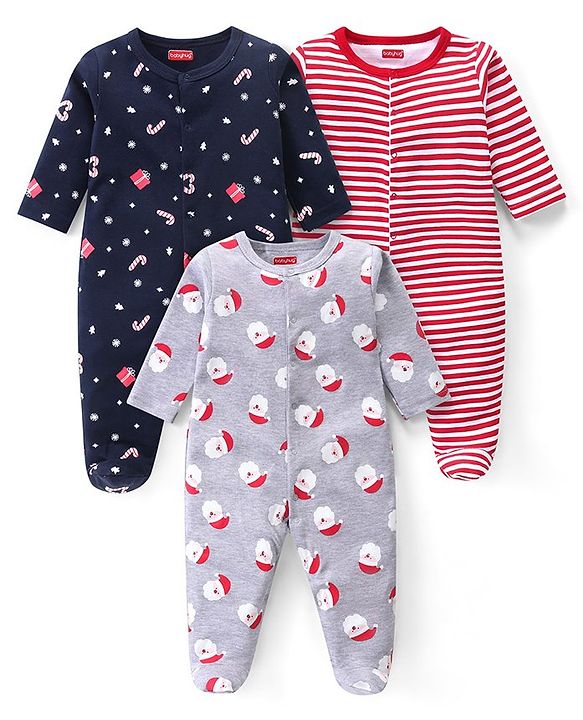 Babyhug Cotton Knit Full Sleeves Sleep Suits With Stripes & Santa Claus Print Pack Of 3 - Red Navy & Light Grey