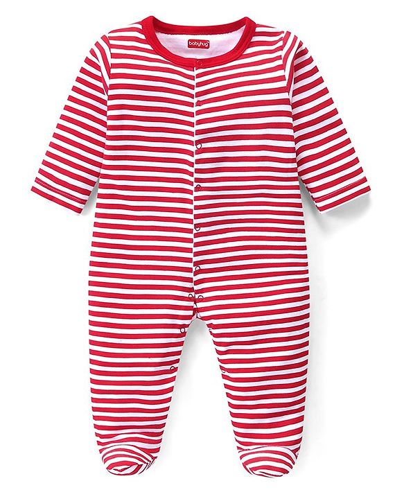 Babyhug Cotton Knit Full Sleeves Sleep Suits With Stripes & Santa Claus Print Pack Of 3 - Red Navy & Light Grey