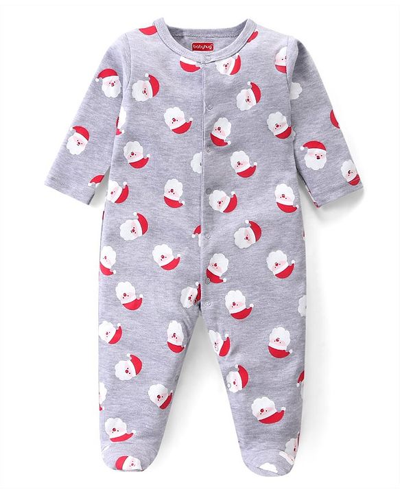 Babyhug Cotton Knit Full Sleeves Sleep Suits With Stripes & Santa Claus Print Pack Of 3 - Red Navy & Light Grey