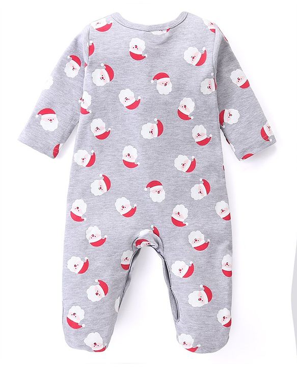 Babyhug Cotton Knit Full Sleeves Sleep Suits With Stripes & Santa Claus Print Pack Of 3 - Red Navy & Light Grey