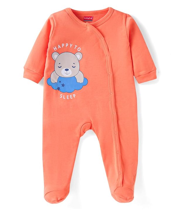 Babyhug Cotton Knit Full Sleeves Footed Sleep Suit With Teddy Bear Print - Orange