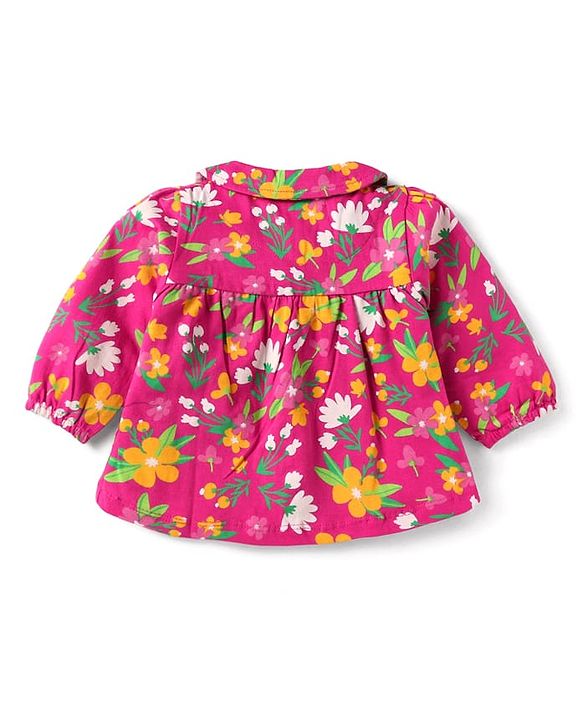 Babyhug Cotton Knit Full Sleeves Peter Pan Collared Night Suit With Floral Print - Dark Pink