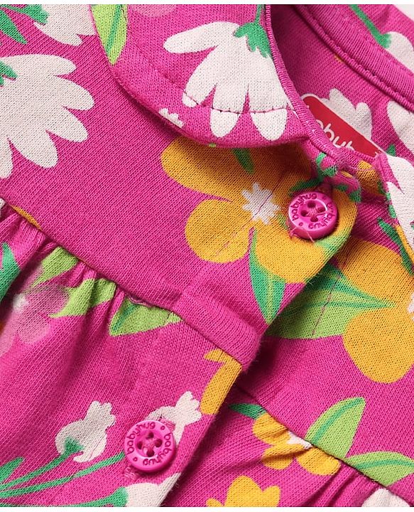 Babyhug Cotton Knit Full Sleeves Peter Pan Collared Night Suit With Floral Print - Dark Pink