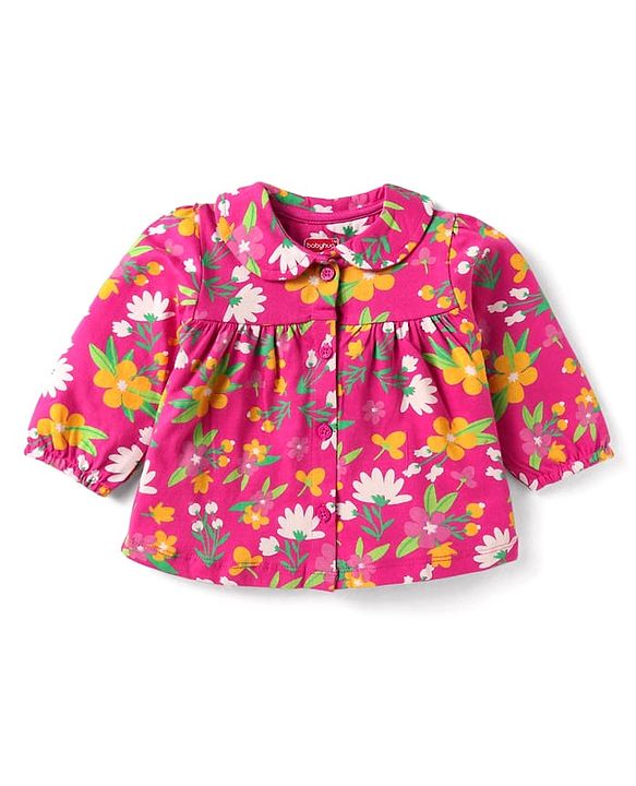 Babyhug Cotton Knit Full Sleeves Peter Pan Collared Night Suit With Floral Print - Dark Pink