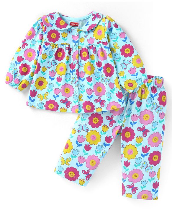 Babyhug Cotton Knit Full Sleeves Front Open Night Suit with Peter Pan Collar & Floral Print - Sky Blue