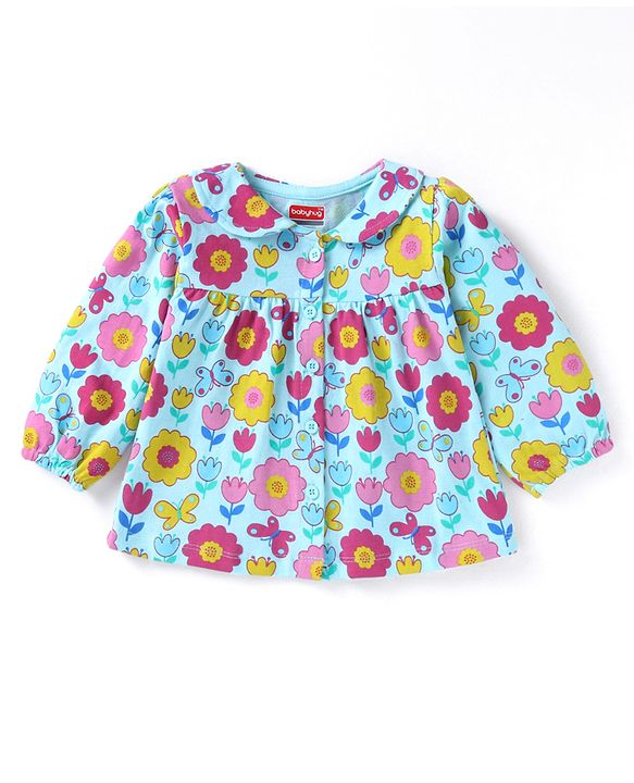 Babyhug Cotton Knit Full Sleeves Front Open Night Suit with Peter Pan Collar & Floral Print - Sky Blue