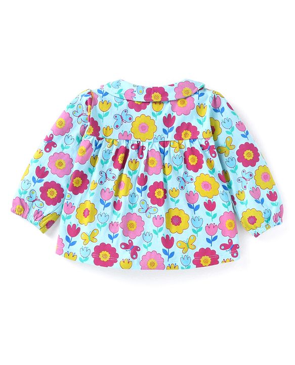 Babyhug Cotton Knit Full Sleeves Front Open Night Suit with Peter Pan Collar & Floral Print - Sky Blue