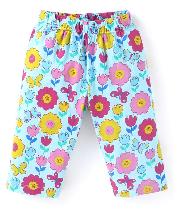 Babyhug Cotton Knit Full Sleeves Front Open Night Suit with Peter Pan Collar & Floral Print - Sky Blue