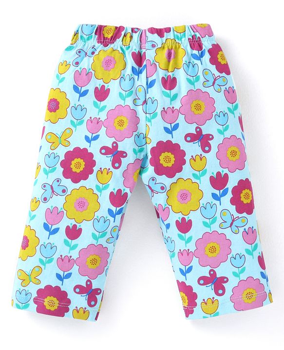 Babyhug Cotton Knit Full Sleeves Front Open Night Suit with Peter Pan Collar & Floral Print - Sky Blue