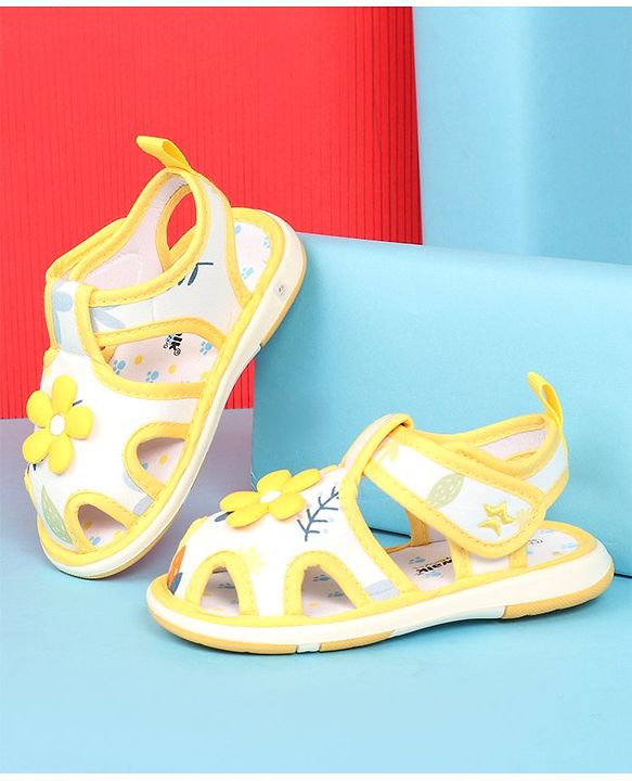 Cute Walk By Babyhug Velcro Closure Sandals With Floral Applique - Yellow