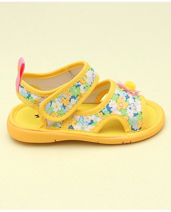 Cute Walk by Babyhug Sandals With Velcro Closure & Floral Applique - Bright Yellow