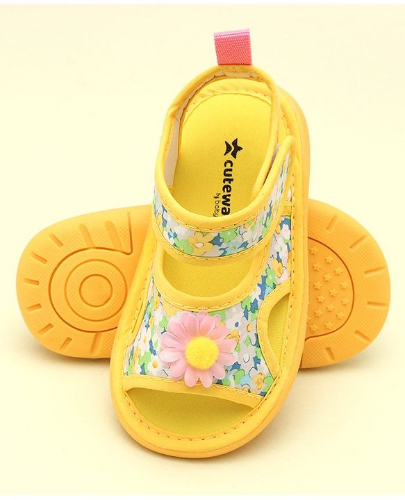 Cute Walk by Babyhug Sandals With Velcro Closure & Floral Applique - Bright Yellow