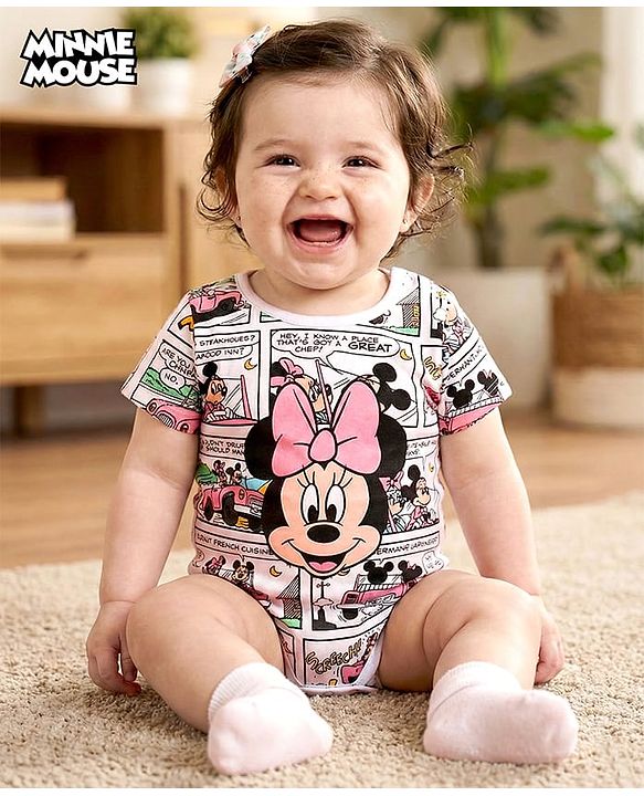 Babyhug Disney 100% Cotton Knit Half Sleeves Onesie with Minnie Mouse Print - White