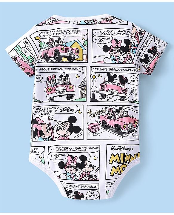 Babyhug Disney 100% Cotton Knit Half Sleeves Onesie with Minnie Mouse Print - White